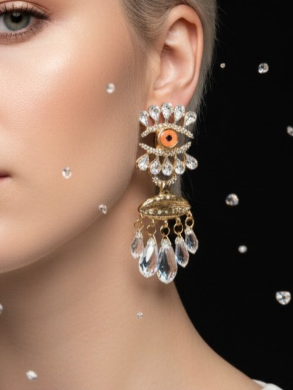 NWT Punk Style Evil Eye & Lips Crystal Tassel Gold Chandelier Earrings